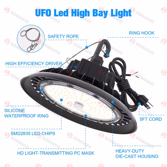 CE RoHS Plug Motion Sensor High Bay Light 200W LED UFO Highbay 5 Yrs Warranty Die Cast Aluminum Housing Small Size Save Freight